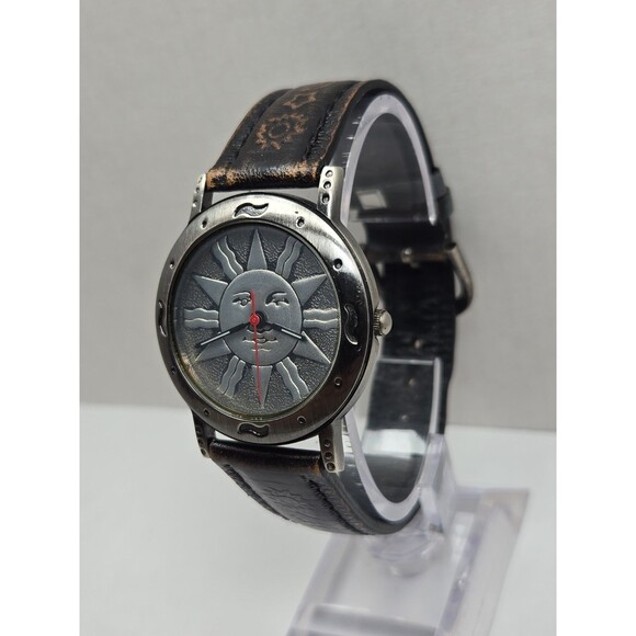 Vintage CS Ltd Hong Kong Celestial Sun Face Quartz Watch New Battery Brown Strap main image 11